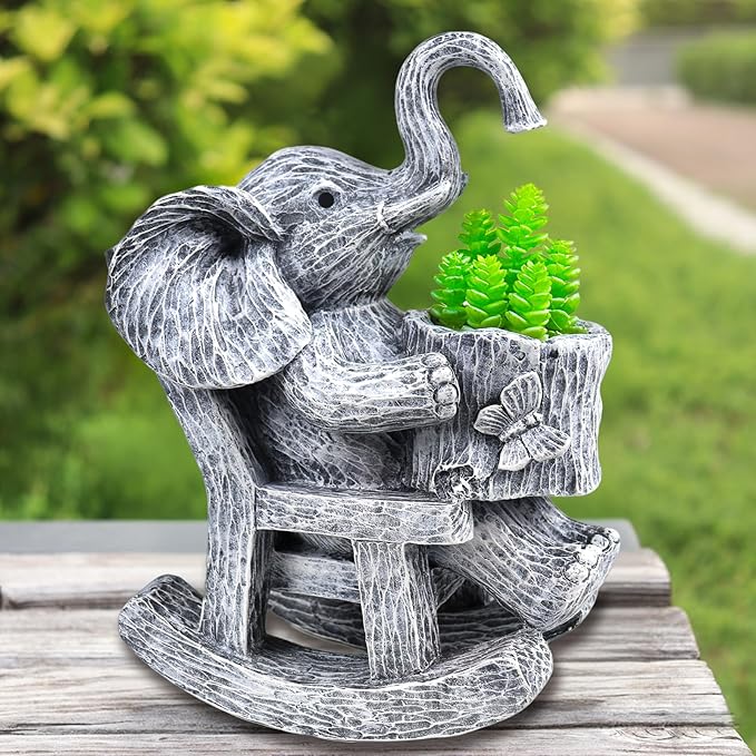Succulent Pots Indoor Elephant Gifts for Women for Plant Lovers Cute Outdoor Plant Pots Outdoor Garden Animal Decor Elephant Sit Chair Statue with Drainage Hole