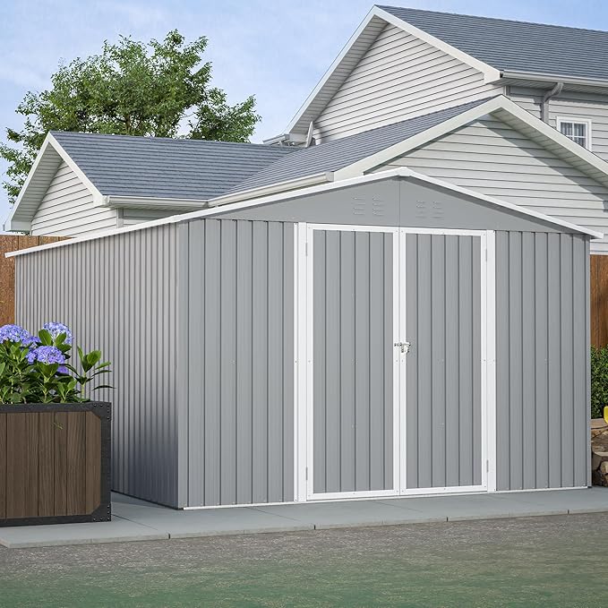 10x12 FT Outdoor Storage Shed with Floor Frame, Heavy Duty Metal Garden Tool Shed with Double Lockable Doors, Waterproof Backyard Utility Shed for Bikes, Lawn Mowers, Tools, Equipment