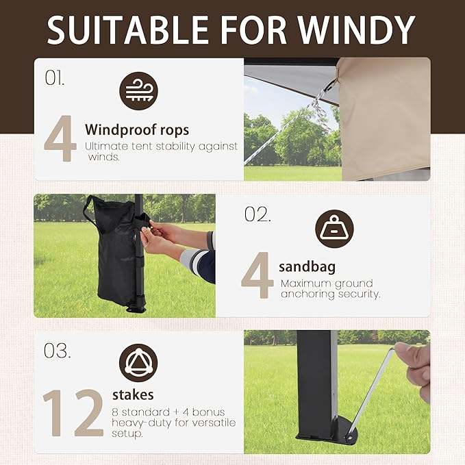 Bezseller 11x11 Pop Up Gazebo Tent with Mosquito Netting – Quick Set Up, Water-Resistant Outdoor Canopy for Patio, Garden, Backyard, and More,Khaki