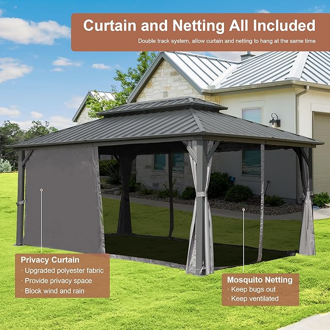 Domi Hardtop Gazebo 12x16FT, Aluminum Outdoor Gazebo with Galvanized Steel Double Roof Canopy, Curtains and Netting Included, Metal Gazebo Permanent Pavilion for Patio, Lawn, Garden, Gray