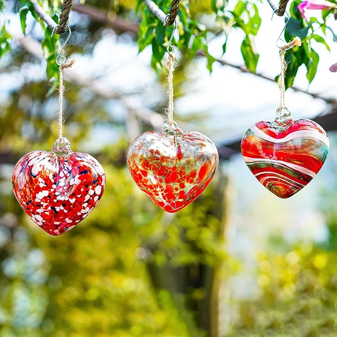4inch Hand Blown Glass Red Heart Ornaments Hanging Friendship Hearts for Patio Garden Outdoor Decor Unique Gift for Mom