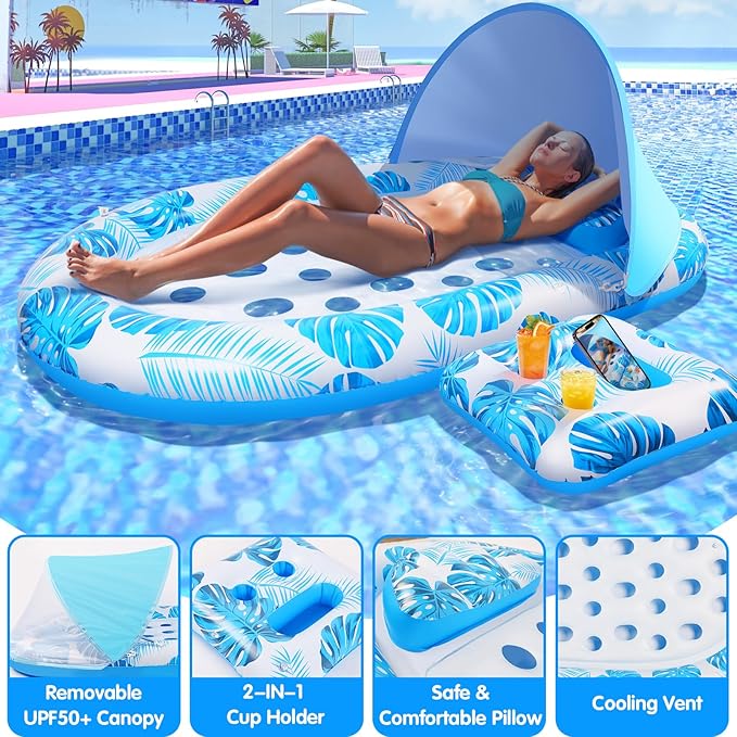 2025 New Pool Floats Adult with Canopy and Cup Holder, 3-in-1 Inflatable Pool Lounge Floaties for Swimming Pool Lake Beach Water, Raft Lounger Floating Chair for Adults Heavy Duty
