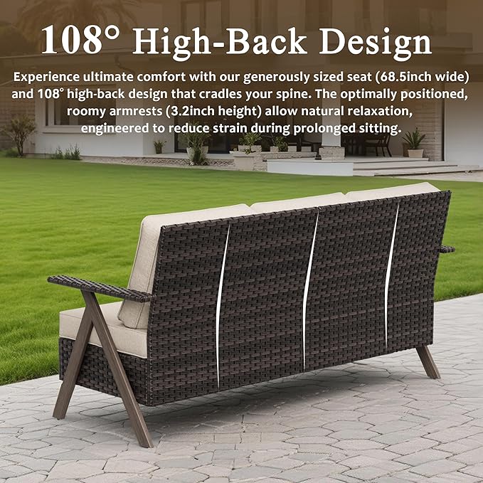 7 Pieces Patio Furniture Set,Outdoor Sofa & High Back Swivel Rocker Patio Chairs, Wicker Conversation Set with Ottoman for Deck Yard and Poolside