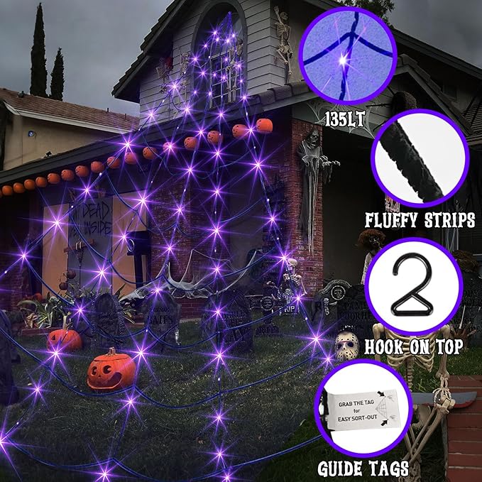 EAMBRITE Giant Spider Web Lights Halloween Decorations Outdoor with 135 LED Purple & Orange Lights, 17Ft Outside Huge Lighted Black Spider Web Halloween Light for Yard Party Haunted House Decor