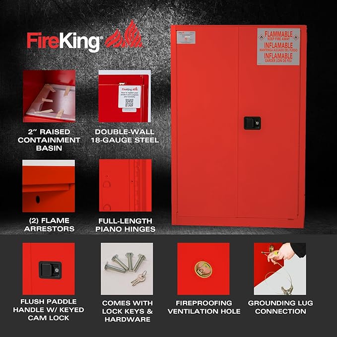 FireKing Red Flammable Safety Cabinet, Combustible Liquids Flammable Storage Cabinet, 45 Gallon Steel Safety Cabinets with Manual Door for Commercial, Industrial & Home Use, 43" x 18" x 65"
