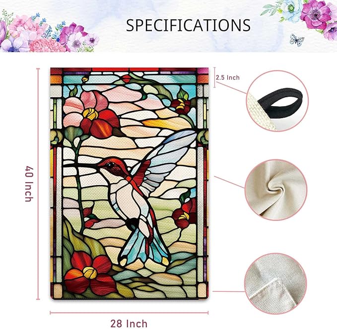 Spring Summer Hummingbird Garden Flag Glass Style Garden Flag Vertical Double Sided Rustic Farmland Burlap Yard Lawn Outdoor Decor 28x40"