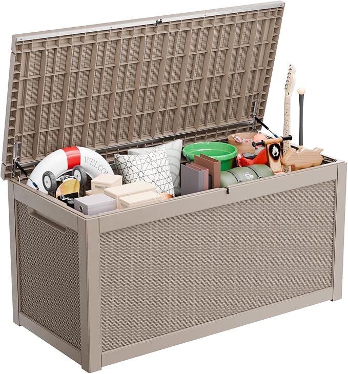 Vixzen 320 Gallon Resin Deck Box, Lockable Outdoor Storage Box for Patio Cushions Storage Furniture,Garden Tools, Pool Supplies, Weatherproof and UV Resistant- Grey