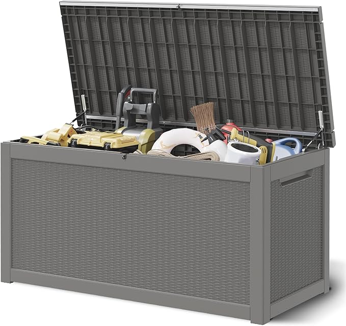NUNU LAB 260 Gallon Outdoor Storage Box, Large Resin Deck Box with Double Wall Panels, Waterproof Patio Storage Bin for Garden Tools, Pool Accessories, Package Deliveries & Outdoor Gear,Grey