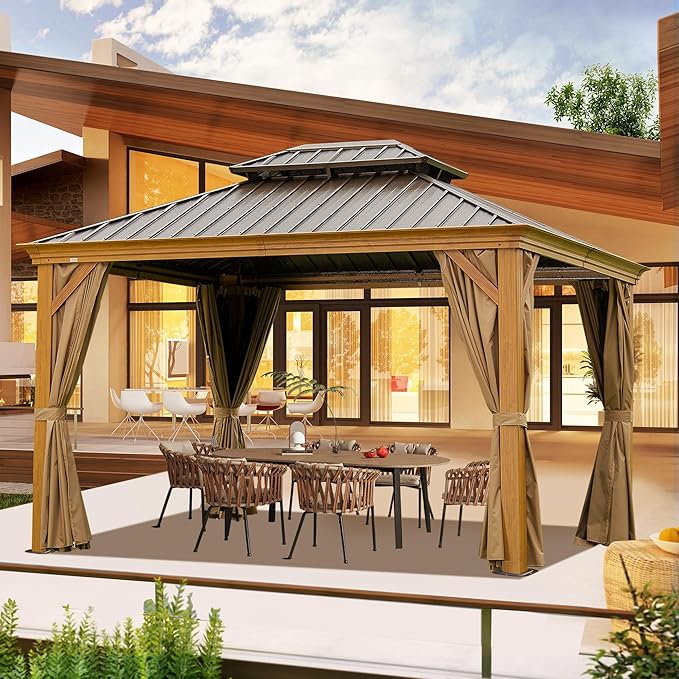 Domi 10' X 14' Hardtop Gazebo Outdoor Metal Gazebo Canopy with Galvanized Steel Double Roof, Wood Grain Aluminum Frame, Curtains and Netting for Patio, Deck, Garden