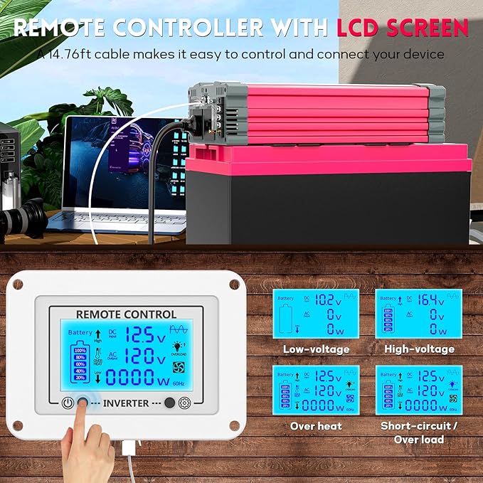 3500 Watt Pure Sine Wave Power Inverter 12V DC to 110V 120V Converter for Home, RV and Off-Grid Solar Systems with Type-C Port, 2 AC Outlets, Dual USB Ports, Remote Control with LCD Screen