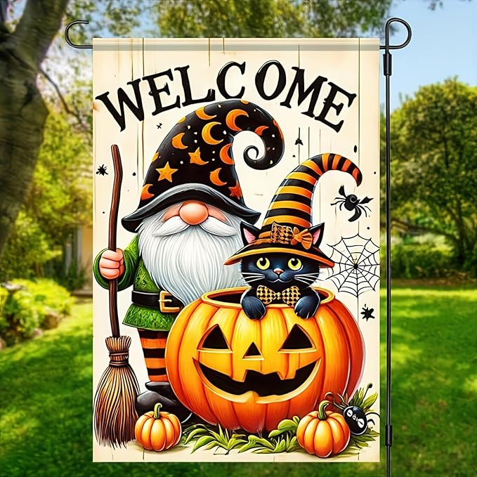 Welcome Halloween Gnome Decorative Garden Flag Halloween Black Cat Garden Flag 12x 18 Inch Double Sided Spooky Pumpkin Welcome Yard Flag Holiday Seasonal Outdoor Outside Decoration