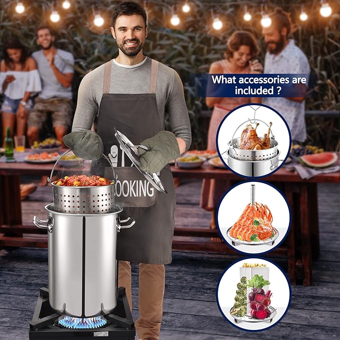 ARC 32QT Turkey Fryer Stainless Steel Stock Pot & 55,000 BTU Propane Burner Outdoor Deep Fryer, Stainless Steel Crawfish Boil Pot with Basket and Steamer Rack