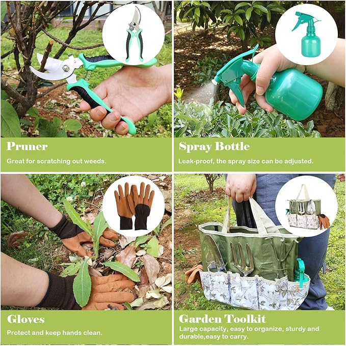 Heavy Duty Gardening Tools, 9 Pieces Garden Tool Set, Stainless Steel Rust Proof Non-Slip Garden Hand Tools with Fashion and Durable Storage Bag, Ideal Gardening Gifts for Women Men Mom