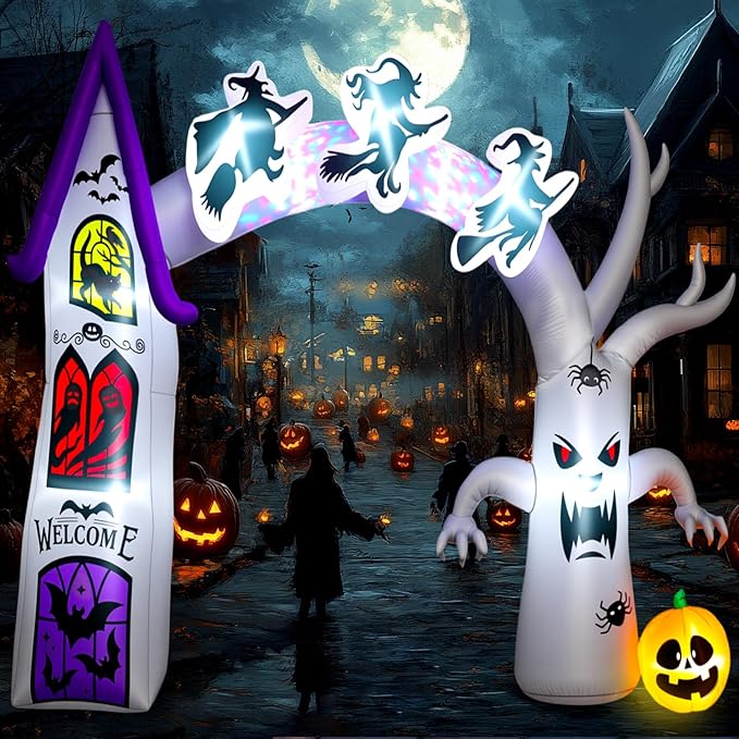 Capoda 14 FT Inflatable Halloween Archway - Castle Witch Dead Tree Blow Up Arch, Build-in Colorful LED Lights for Entryway Garden Yard Lawn Halloween Inflatables Outdoor Decorations