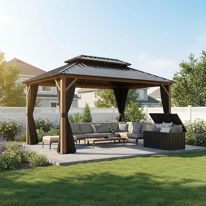 PURPLE LEAF 10' X 14' Hardtop Gazebo with Storage Box Outdoor Wood Grain Aluminum Frame Galvanized Steel Double Roof Gazebos with Netting and Curtains for Patio Deck Backyard Garden