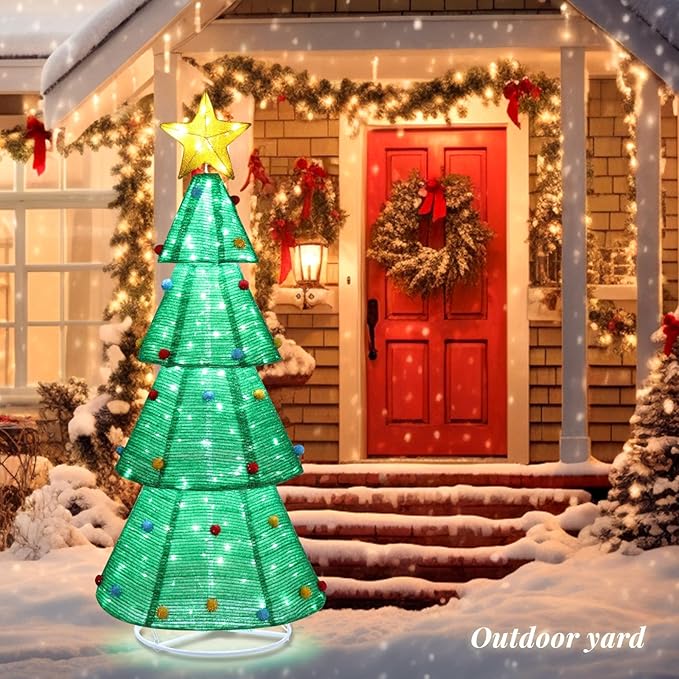 Outvita 6ft Christmas Tree Decorations, Lighted Christmas Tree Foldable Outdoor Holiday Decorations with 200 LED Lights and Metal Stakes for Yard Garden Lawn