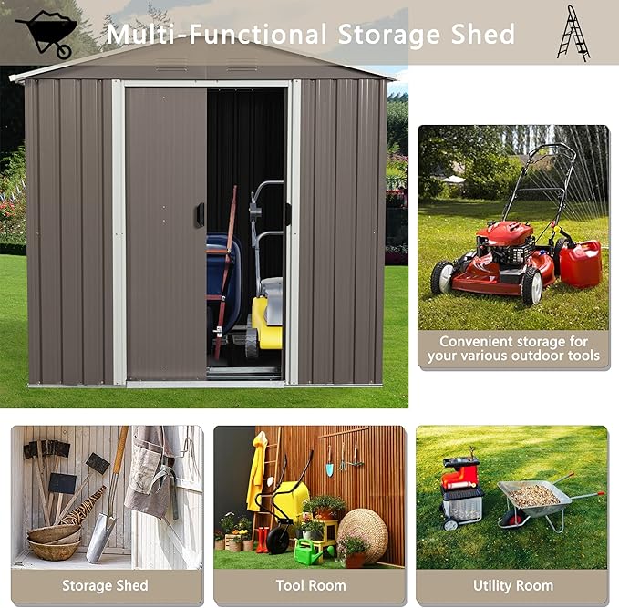 6 x 5 FT Outdoor Storage Shed, Metal Garden Shed with Floor Frame, Tool Shed Outdoor Storage with Lockable Sliding Doors & Window & Air Vents, Storage House Waterproof for Backyard, Lawn, Gray