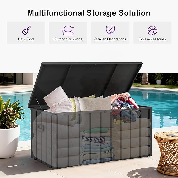 PURPLE LEAF Outdoor Deck Box 150 Gallon Waterproof Lockable Storage Box Container with Lid Deck Organization for Patio Cushions Side Table Pool Accessories Garden Tools, Gray