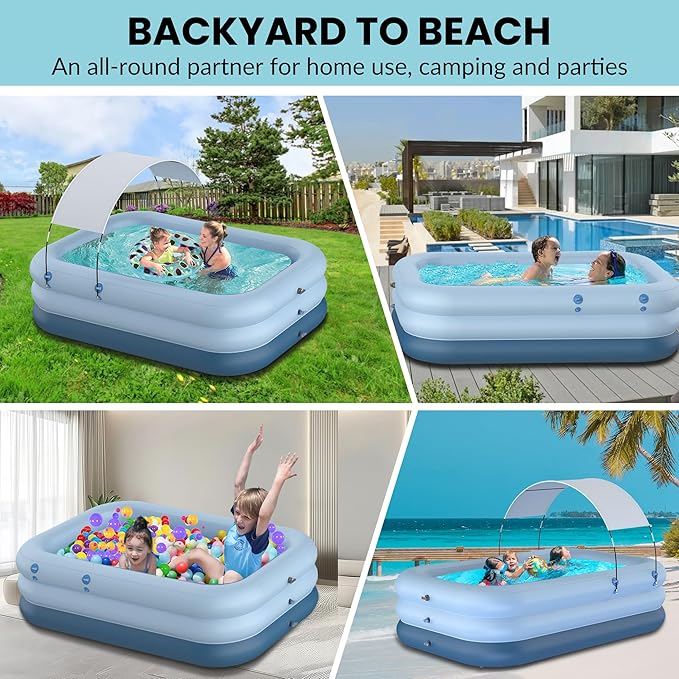 Inflatable Pool with Canopy,Upgraded 102"x67"x24" Inflatable Swimming Pool for Kids&Adults,Outdoor Blowup Pool with UV Shade&Wireless Pump,Durable Thickened Family Splash Play Center for Backyard-Blue