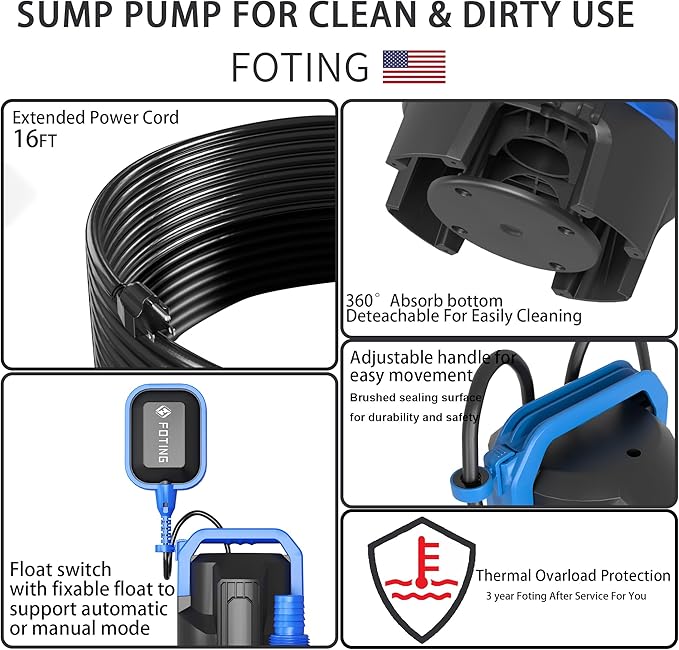 FOTING 2025Upgraded Automatic Sump Pump, 3/4HP 4300GPH Sweage Pump for Basement & Pool Draining, Submersible Water Pump with Float Switch, Sealed Thermoplastic for Puddle Pool Tub Pond