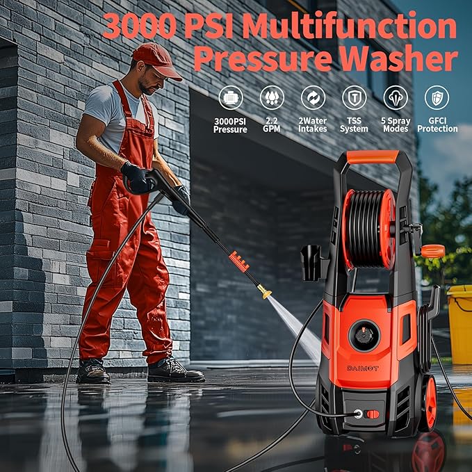 Pressure Washer, Max 2.4 GPM with Foam Cannon & 4 Nozzle Tips, Power Washer for Cars, Fences, Driveways, Home, Patios - Powerful Power Washers Electric Powered