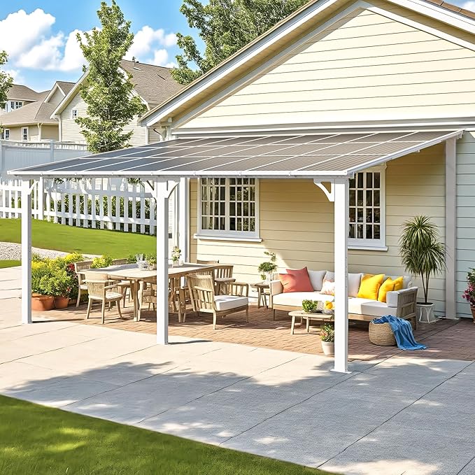 AECOJOY 16' x 12' Gazebo Outdoor Pergola for Patio, White Large Wall-Mounted Hard Top 12x16 Lean to Metal Gazebo Shelter Pergolas and Gazebos Clearance with Patio Roof, Heavy Duty Awnings for Patio