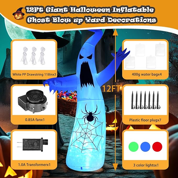 Halloween Inflatable Ghost Decoration, LED Color Changing Lights, Outdoor Yard Decor with Wings (12FT Giant Terror Spider Ghost)