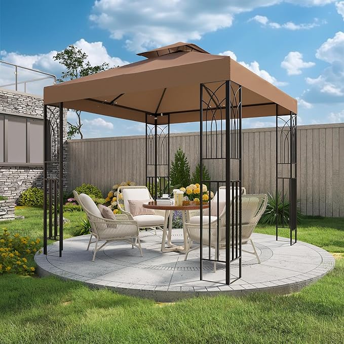 COOS BAY 8x8 Outdoor Patio Gazebo with Corner Shelves, Two-Tier Soft Top Canopy for Backyard, Lawn, Deck and Garden, Brown