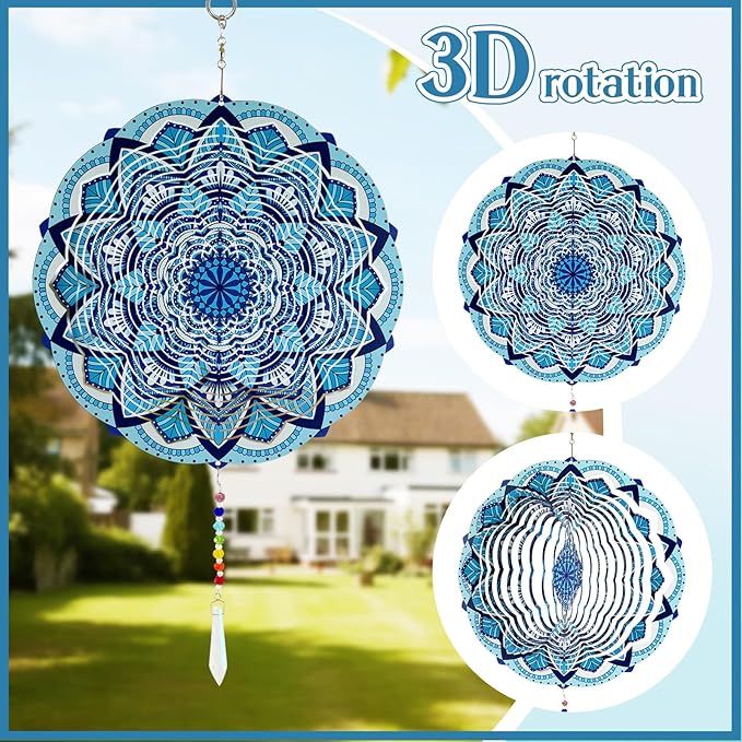 Wind Spinners Outdoor with Crystal Tail, Marzovitra Stainless Steel 3D Kinetic 10 Inch Garden Decor for Patio, Home or Yard Decorations Outdoor Hanging Yard Art, Metal Wind Sculpture (Bohemian)
