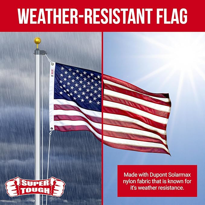 Super Tough 5Ft x 8Ft American Flag - Double Sided, Heavy Duty Nylon USA Flag with Embroidered Stars and Sewn Stripes Suitable for Outdoors - Red/White/Blue