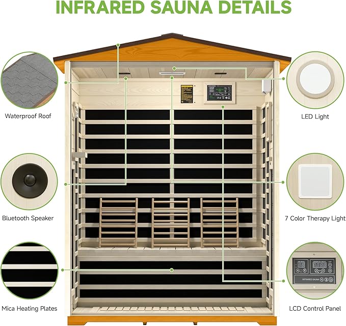 springspa Outdoor Infrared Sauna 3 Person for Home, 15amp Low EMF Far Infrared Spruce Wooden Sauna with Bluetooth,LCD Panel