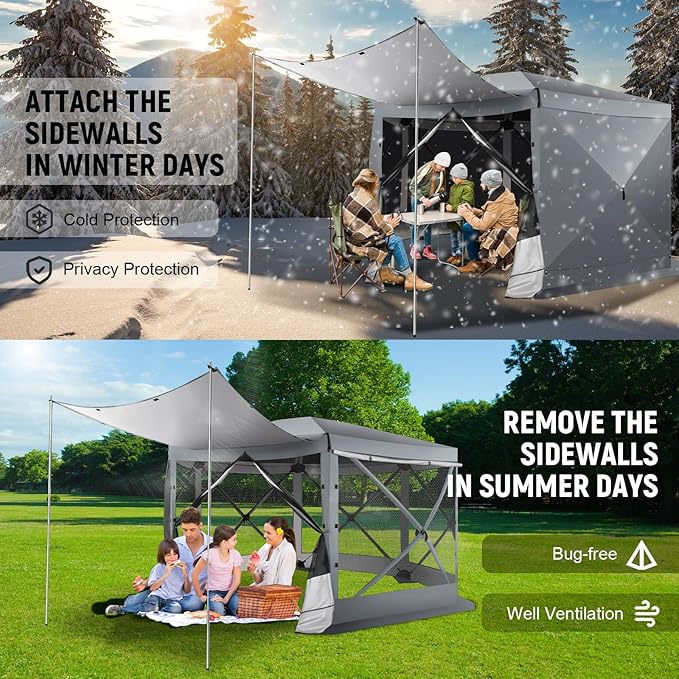 COBIZI 12x12 pop up Gazebo on Clearance Screen Tent for Camping, Scalable Sesign Outdoor Canopy Tent with Extension Support Poles & sidewalls,with Portable Carrying Bag and Ground Stakes,Gray