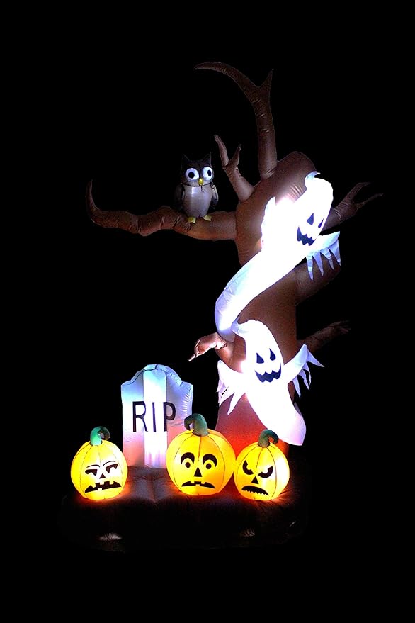 9 Foot Tall Halloween Inflatable Tree with Ghosts, Pumpkins, Owl and Tombstone LED Lights Decor Outdoor Indoor Holiday Decorations, Blow up Lighted Yard Decor, Lawn Inflatables Home Family Outside