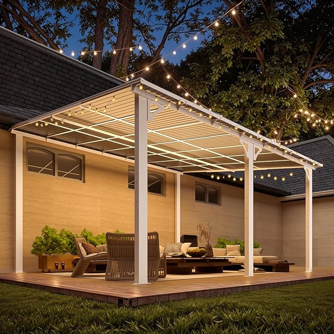 AECOJOY 14' x 12' Gazebo Outdoor Pergola for Patio, White Large Wall-Mounted Hard Top 12x14 Lean to Metal Gazebo Shelter Pergolas and Gazebos Clearance with Patio Roof, Heavy Duty Awnings for Patio
