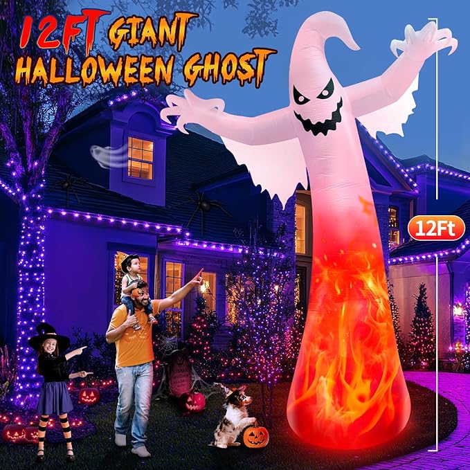 12FT Giant Halloween Inflatables Ghost with 3-Colored Flame Rotation LED Lights, Huge Spooky Halloween Decoration Outdoor Large Halloween Blow Up Yard Decorations Tall Blow-ups for Lawn Party (1PCS)