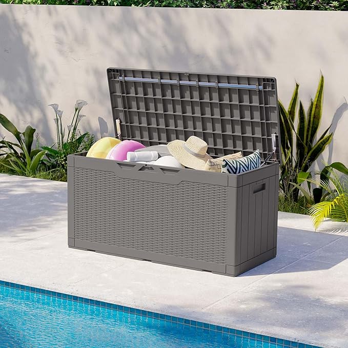 Patiolife 100 Gallon Resin Deck Box, Large Outdoor Storage Box for Garden Tools, Pool Supplies, Waterproof and Lockable, Grey