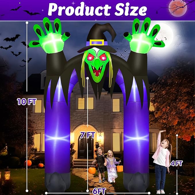 Danxilu 10 FT Tall Halloween Inflatables Witch Archway Outdoor Decorations, Scary Blow Up Yard Decoration Built-in LED Lights Giant Halloween Inflatable Clearance Witch Arch Decor for Holiday Party
