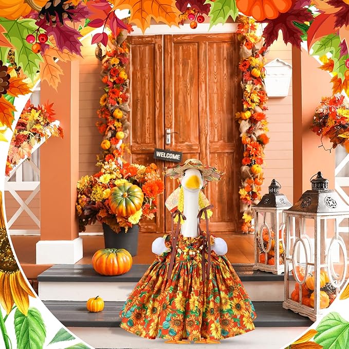 Fall Thanksgiving Goose Outfit Sunflower Porch Goose Costume with Hat Necklace for 23 Autumn Patio Yard Lawn Decor(Sunflower)