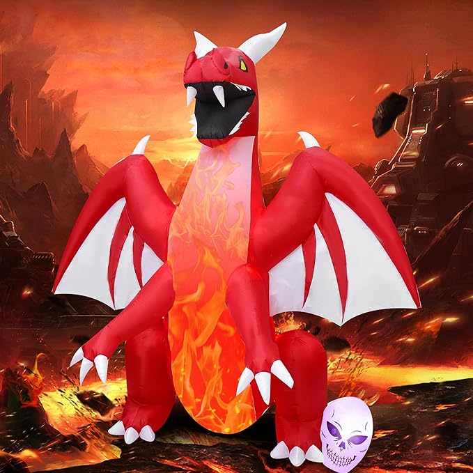 DearSun 8FT H Halloween Inflatable Dragon with Skull Next to The Foot, Blow up Dragon Inflatable with Red Flame lamp Inside Outdoor Decorations Large Party Yard Decoration