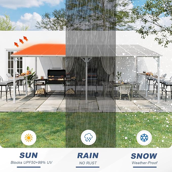 MEISSALIVVE 12' x 20' Wall Mounted Gazebo, Outdoor BBQ Grill Gazebo with Side Shelf, Lean to Metal Awnings with Sloped Roof, Heavy Duty Pergola for Backyard, Deck, White