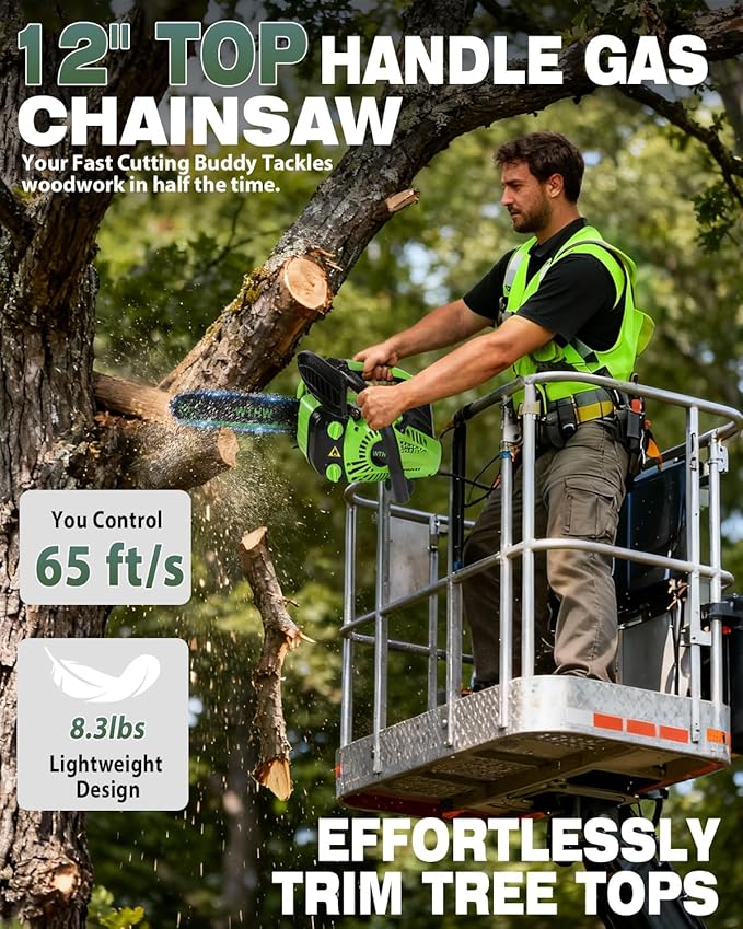 25.4CC Gas Powered Chainsaw 12 Inch, Lightweight Top Handle Handheld Chainsaw with Quenched Chain, Auto Lubrication, Safety Lock & Quick Stop for Tree Wood Cutting