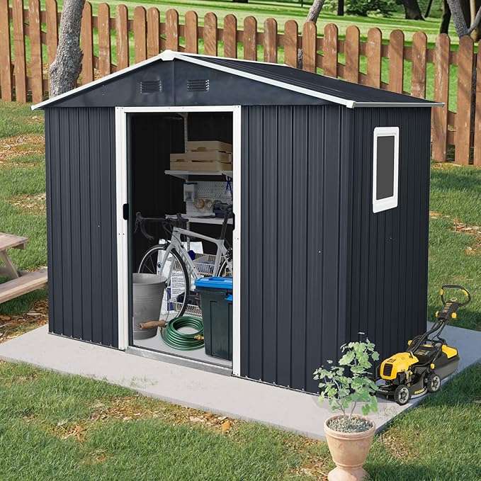 8x4 ft Outdoor Metal Storage Shed with Floor Foundation and Window, Lockable Galvanized Steel Tool Shed with Sliding Door and Air Vent, Waterproof Garden Storage House for Backyard, Patio