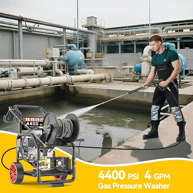 4400 PSI Gas Powered Commercial High Pressure Washer with Hose Reel 296cc 7HP Engine 4.0GPM Electric Start, Includes 50 FT 3/8 inch Hose 5 Quick Connect Nozzles Spray Gun and Wand