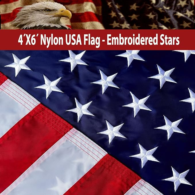Nylon Embroidered American US Flag 4x6 FT 100% Made in The USA- Heavy Duty Vibrant Colors United States Flag with Embroidered Stars and Sewn Stripes for Home/Company/Indoor Outdoor Decoration (FMAA Certified)