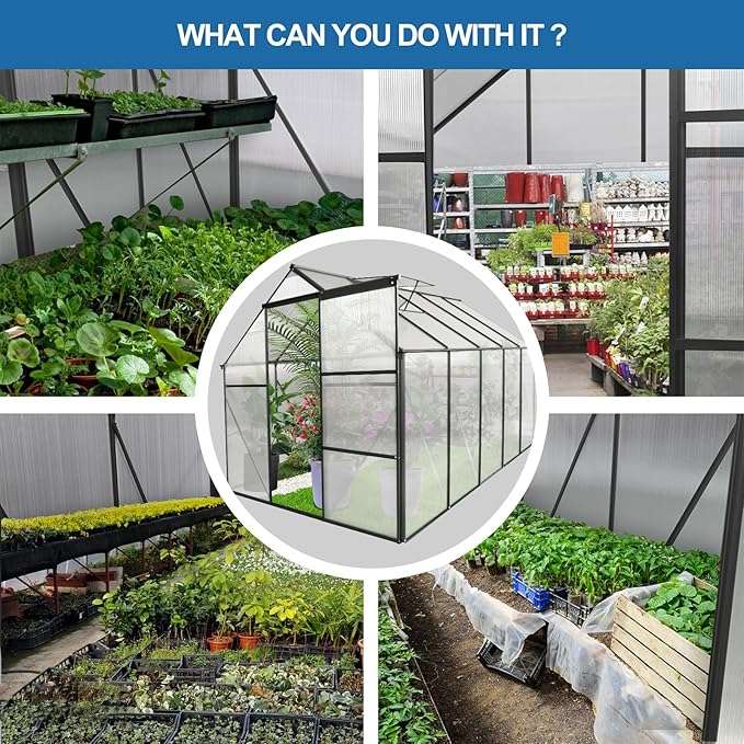 6x10 FT Polycarbonate Greenhouse with Sliding Door and Adjustable Roof, Heavy Duty Aluminum Walk-in Greenhouses w/ Raised Base for Outdoor Garden Backyard,Black