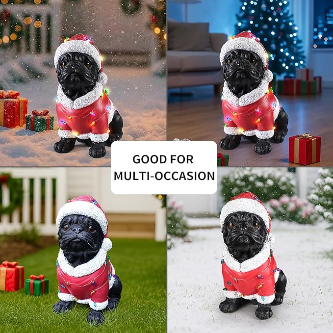 Christmas Outdoor Decoration Dog Statue, LED Light Cute English Bulldog Sculpture with Santa Outfit & Lights for Garden and Yard, Indoor Holiday Décor Gift for mom and dad