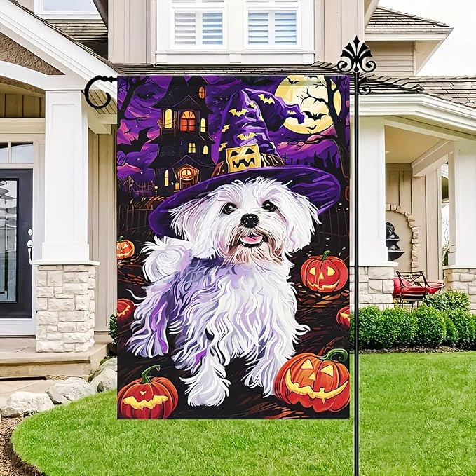 Halloween Decorations Outdoor Garden Flag 12x18 Inch Double Sided Maltese Dog Witch Hat Pumpkin Fall Decor Yard Lawn Porch Patio Halloween Garden Flags