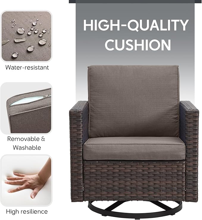 Outdoor Swivel Rocker Chairs Set of 4 with Fire Pit Table - 5 Peice Wicker Patio Furniture Set Conversation Set with 50,000 BTU Fire Pit for Deck Backyard - Brown Wicker Grey Cushion
