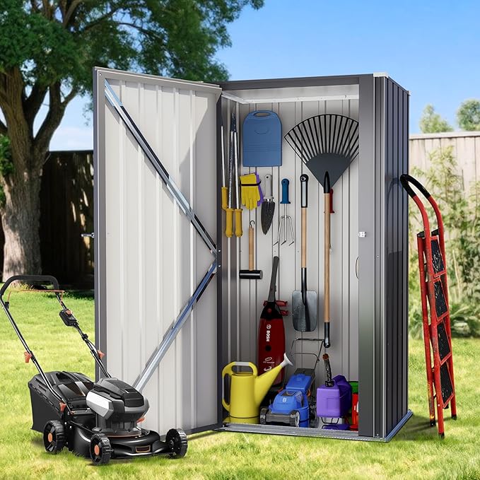 Greesum 55'' Metal Storage Shed, 22 Cuft Storaged Cabinet with Lockable Door, Vertical Tool Organization Cabinets Without Shelves, for Home, Backyard, Patio, Garage, Lawn, Black