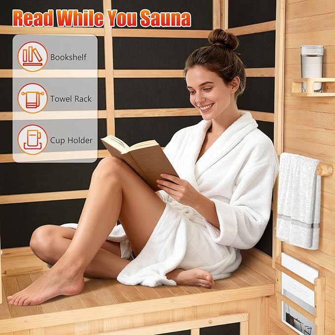 1-2 Person Infrared Sauna, Dry Heat Sauna with Red Light Therapy, Bluetooth, Radio, 7-Color Therapy Light for Home, Indoor, Gym, Wellness Center, 36″ x 36″ x 73″